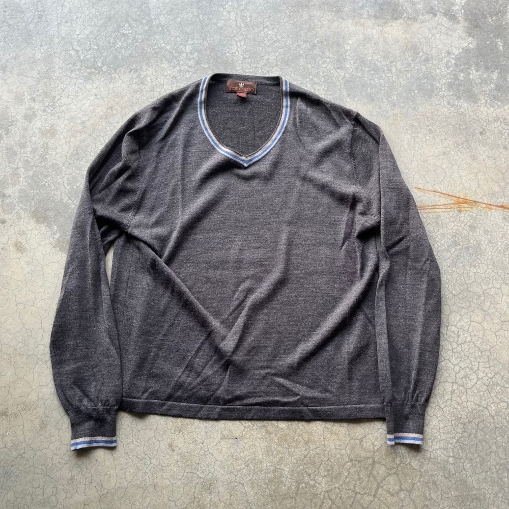 Toscano Mens Gray Merino Wool Blend V-Neck Sweater Striped Trim Size M